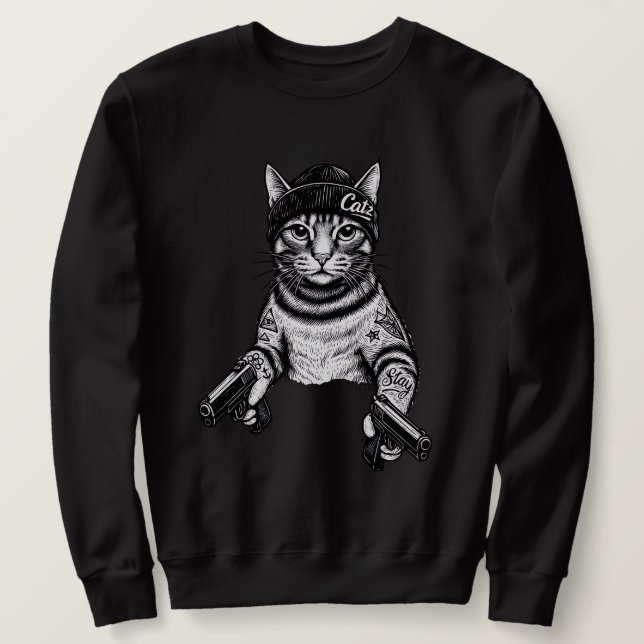 Sudadera Arte de tatuaje de gato gánster | Kitty de moda ca (Anverso del diseño)