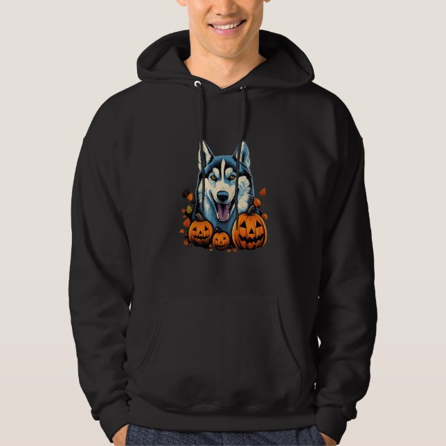 Sudadera Arte pop molinando perro Husky con calabazas Hallo (Anverso)