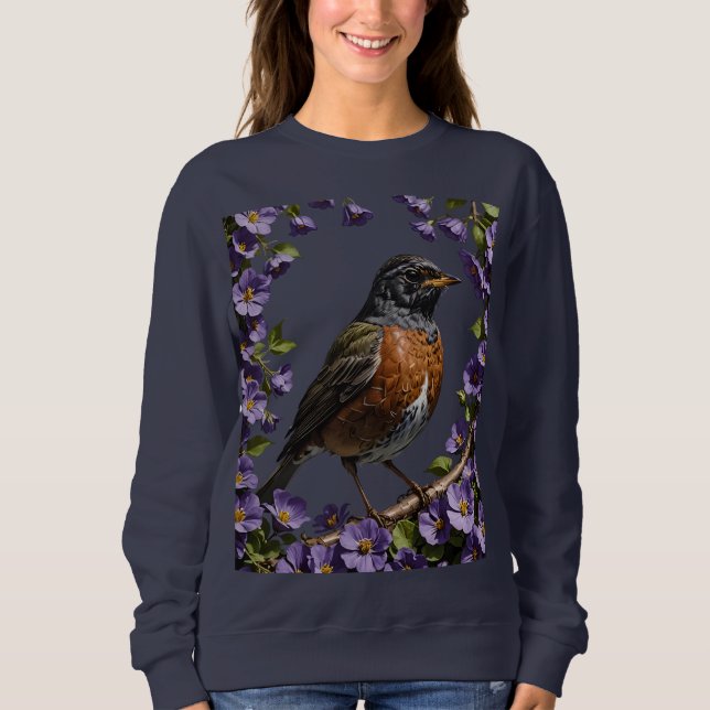 Sudadera Ave Turdus migratorius Rodeada Por Violet Viola (Anverso)
