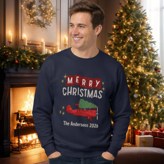 Sudadera Avión Transporta Árbol Divertida Navidad Familiar