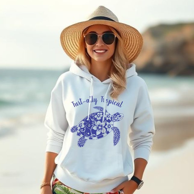 Sudadera Azul profundo-tropical de la tortuga marina hawaia (Hawaiian Turtle-Turt-ally Tropical-Fisherman Core, Coastal, Islander, Beach, Summer, Women Hoodie)
