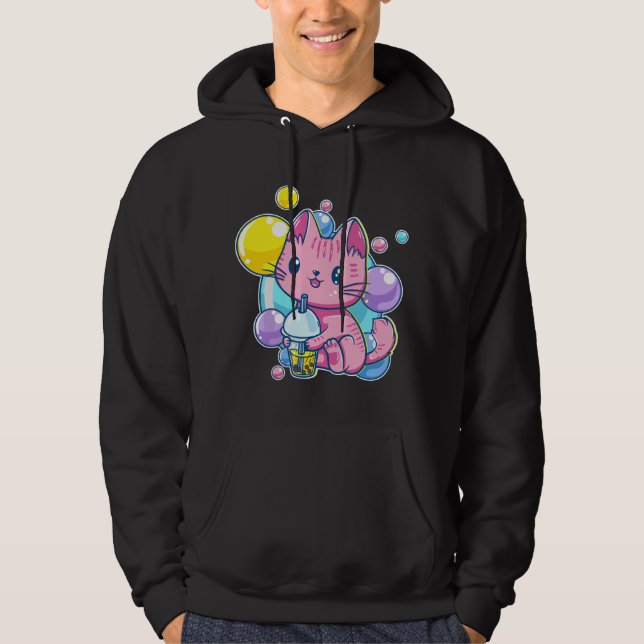 Sudadera B Kawaii Rosa Pastel Chibi Gato Gatito Bebiendo (Anverso)