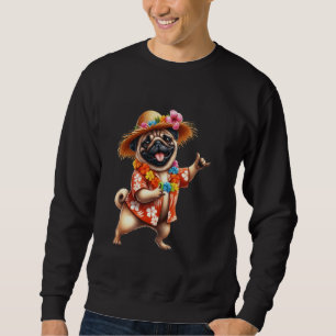 Sudadera Bailando Mascota hawaiano de pug con perro de flor