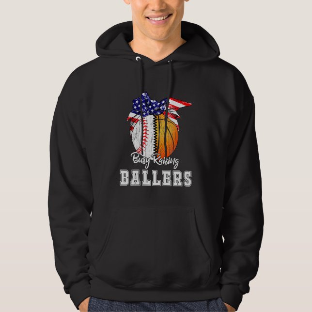 Sudadera Baseball Basketball Mom Busy Raising Ballers Ameri (Anverso)