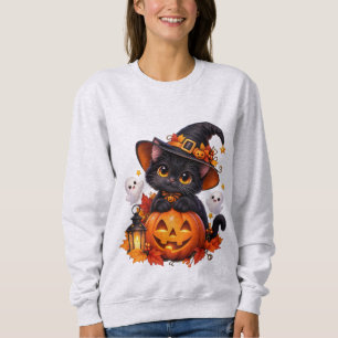 Sudadera básica de Halloween de gato negro lindo y