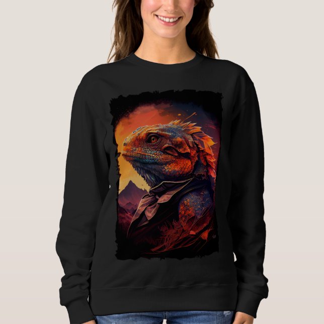 Sudadera Bearded Dragon mountains sunset lizard retro 70s v (Anverso)