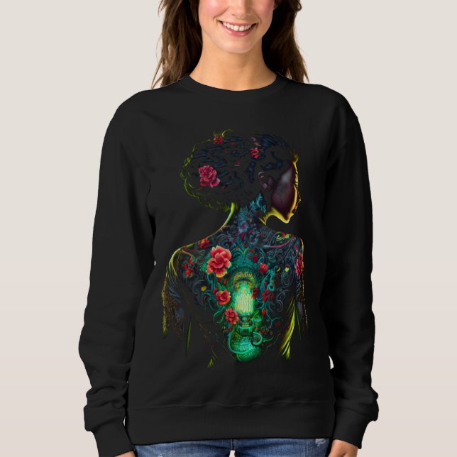 Sudadera Beautiful Black Woman Geisha Tattoos Flowers Melan (Anverso)