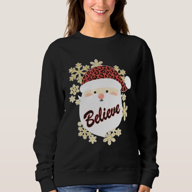 Sudadera Believe Christmas Santa Hat Leopard Snowflake Grap (Anverso)