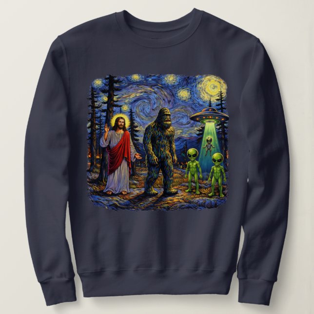 Sudadera Bigfoot Jesus Aliens Starry Night — Furgoneta Sasq (Anverso del diseño)