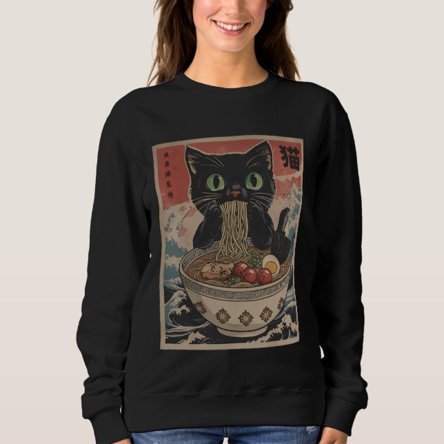 Sudadera Black Anime Cat Ramen Noodles Japanese Funny Kawai (Anverso)