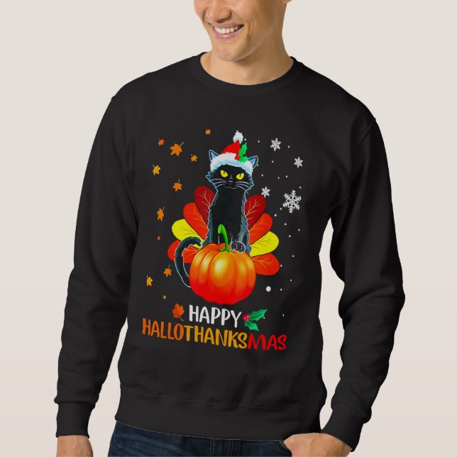 Sudadera Black Cat Halloween And Merry Christmas Happy Hall (Anverso)