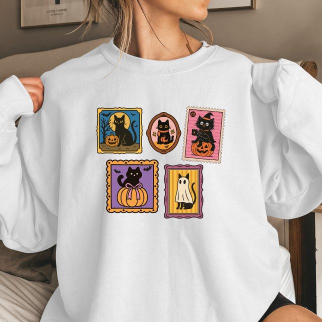 Sudadera Black Cat Stamps Women’s Halloween Sweatshirt | Cu (Black cat stamps sweatshirt, Halloween)