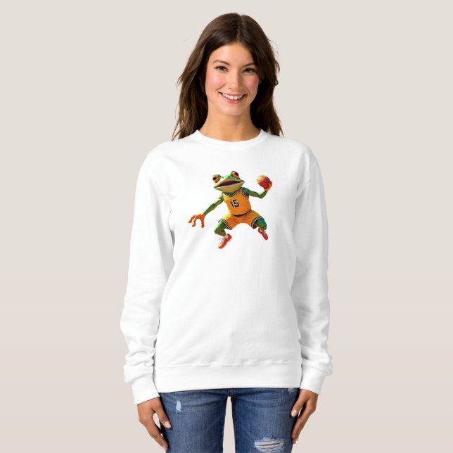 Sudadera blanca de mujer con rana de baloncesto (Anverso completo)