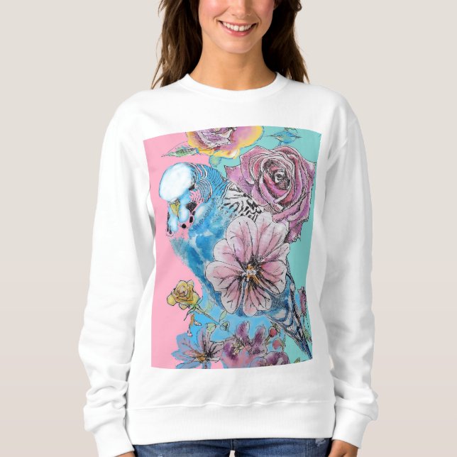 Sudadera Blue Budgie Budgies Rosa Flor Flor Llave Anillo (Anverso)