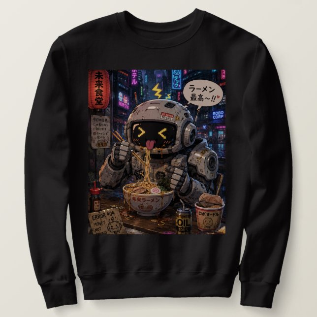 Sudadera Bocados Cibernéticos – Noche de Ramen Robot (Anverso del diseño)