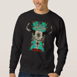 Sudadera Boho Bull Skull Turquoise Aztec Western Country Ro