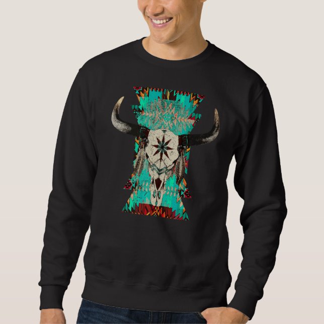 Sudadera Boho Bull Skull Turquoise Aztec Western Country Ro (Anverso)