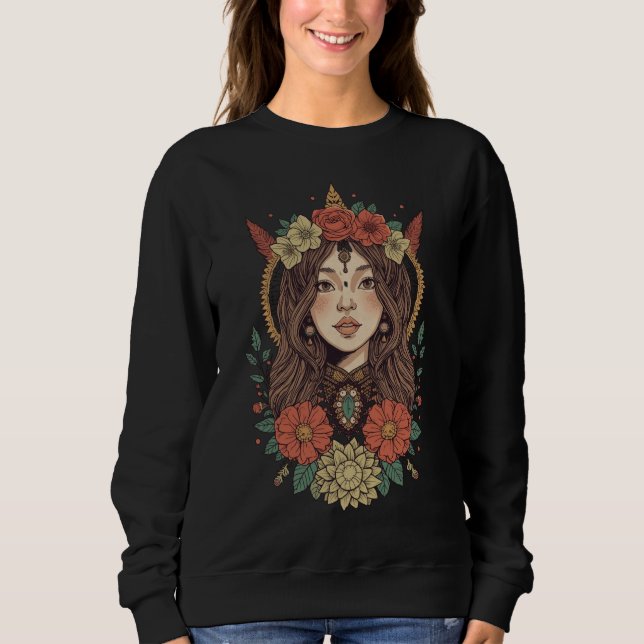 Sudadera Boho Floral Girl Black Sweatshirt (Anverso)