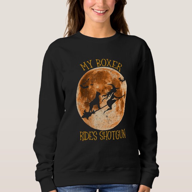 Sudadera Boxer Dog Ride Shotgun Moon Broom Halloween (Anverso)