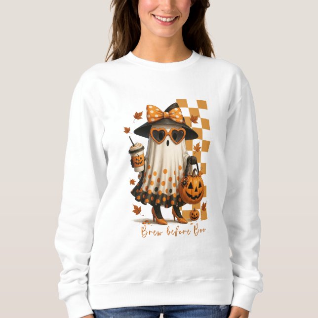 Sudadera Brew Before Boo - Café lindo Fantasma Halloween (Anverso)