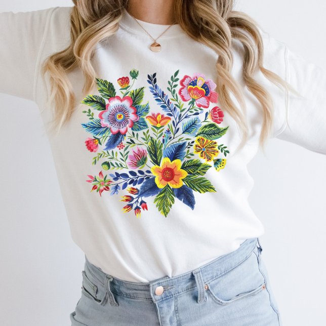 Sudadera Bright Florals Wildflowers Faux Yarn Embroidery  (Bright Watercolor Florals, Faux Yarn embroidery Design on this sweatshirt for her)
