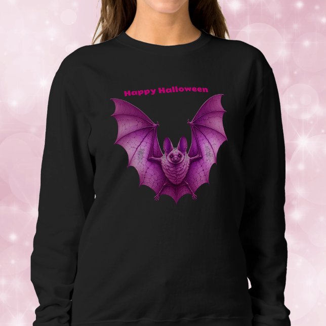 Sudadera Brillante murciélago gótico rosado espeluznante vo (Vibrant pink spooky Happy Halloween bat wings spread in flight on black sweatshirt.)