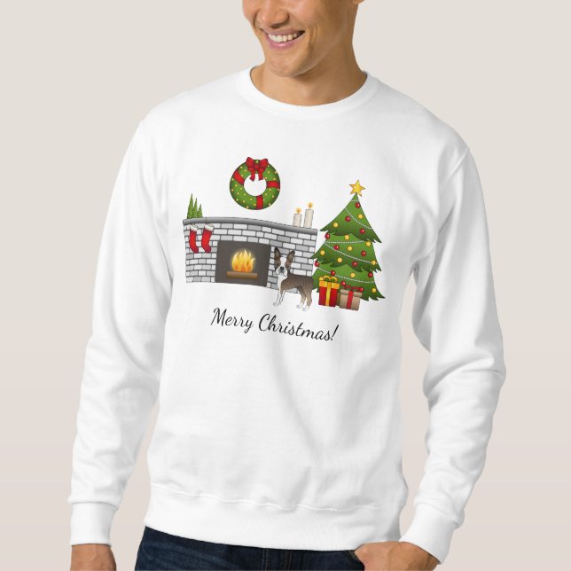 Sudadera Brindle Boston Terrier En Una Festividad De Navida (Anverso)