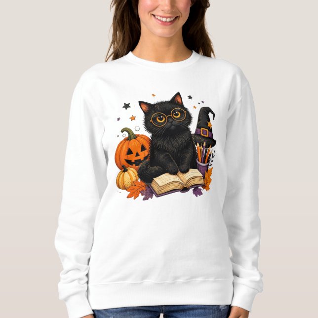 Sudadera Bruja Gato Negro Profesora Halloween Parche de Cal (Anverso)