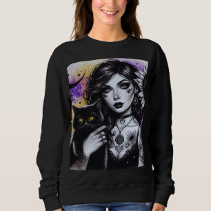 Sudadera Bruja gótica celestial y gato negro