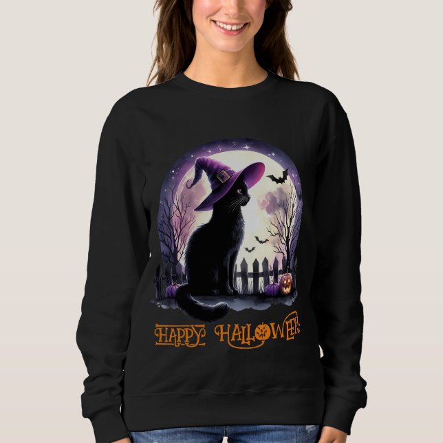 Sudadera Bruja negra de gato y murciélagos de Halloween (Anverso)