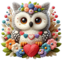 Búho adorable de ganchillo que sostiene un corazón