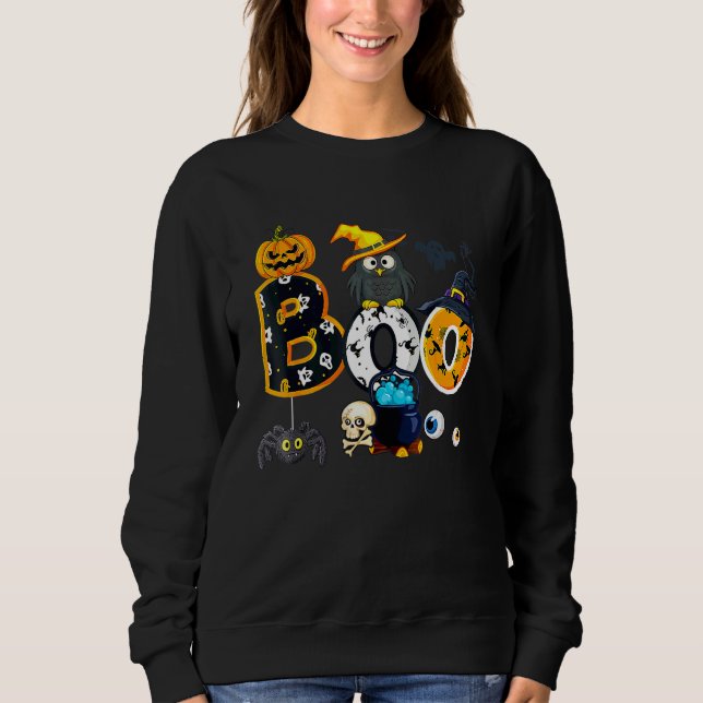 Sudadera Búho de Halloween con sombrero de bruja arañas niñ (Anverso)