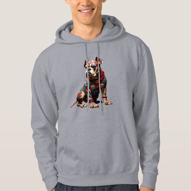 Sudadera Bulldog inglés ceremonial con atuendo de guerrero (Anverso)