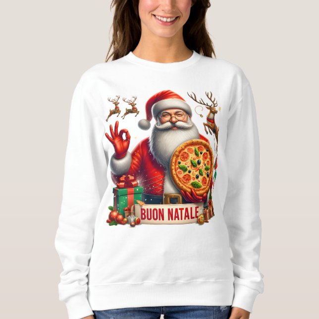 Sudadera Buon Natale Santa Italiana con pizza y reno (Anverso)