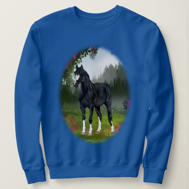 Sudadera Caballo Árabe Negro en Prado de Primavera (Anverso del diseño)