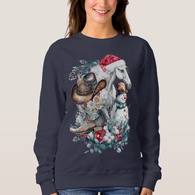 Sudadera Caballo de Navidad con sombrero de Santa y botas d (Anverso)