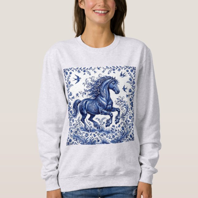 Sudadera Caballo frisón al estilo Delftware en prado (Anverso)