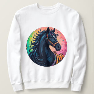 Sudadera Caballo Negro Elegante con Fondo Vibrante