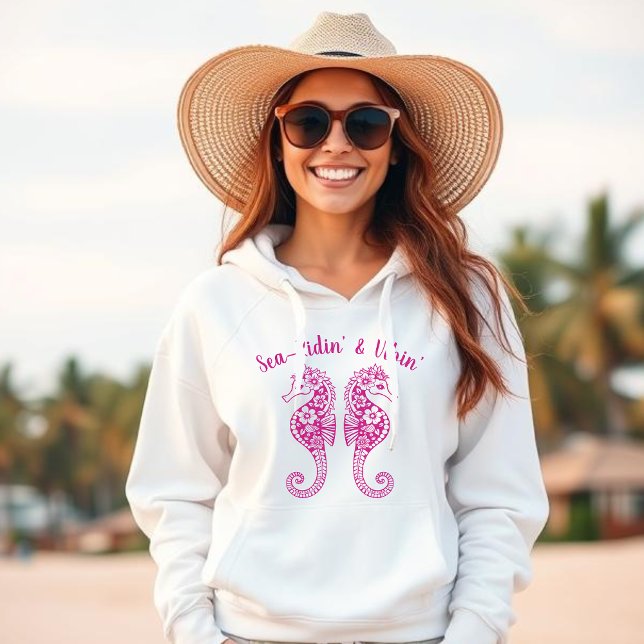 Sudadera Caballos marinos-pescador Core-Hawaiano Tropical-P (Sea Horse-Fisherman Core-Hawaiian-Tropical-Beach Hoodie-Summer Trend-Pink)