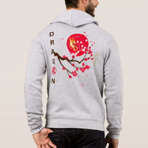 Sudadera Cabeza de dragón en luna roja con flores de cerezo