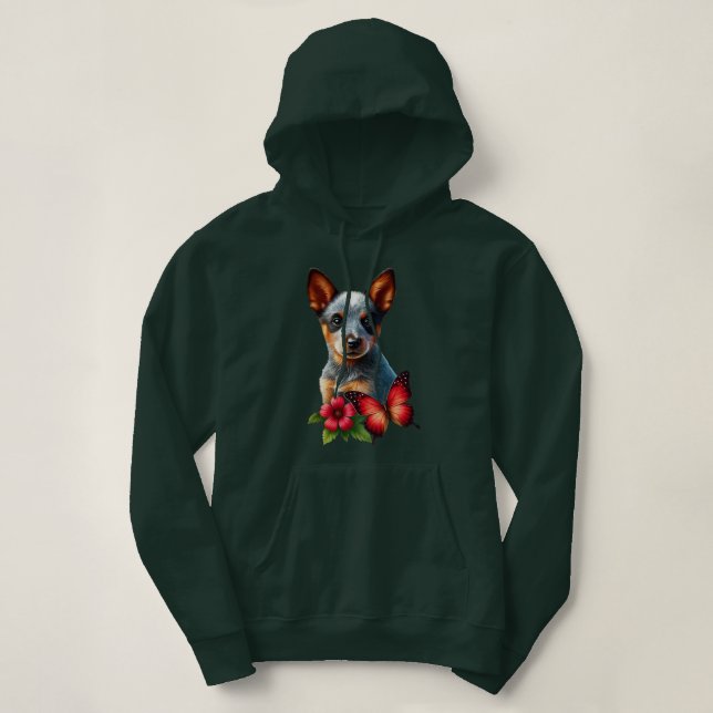 Sudadera Cachorro Heeler Adorable con Mariposa y Flor  (Diseño del anverso)