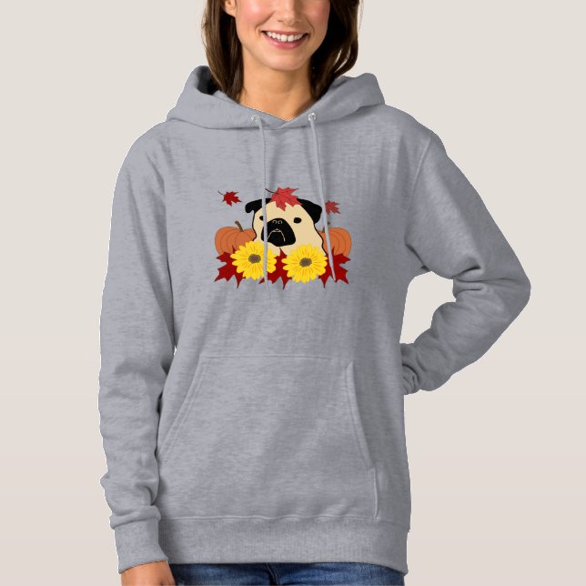 Sudadera Caer Pug con hojas, calabazas y girasoles (Anverso)