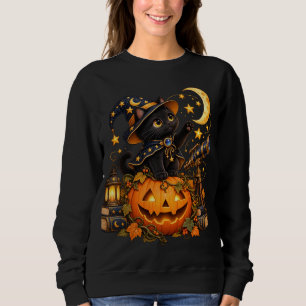 Sudadera Calabaza de Halloween de Gatito Negro que Mira las