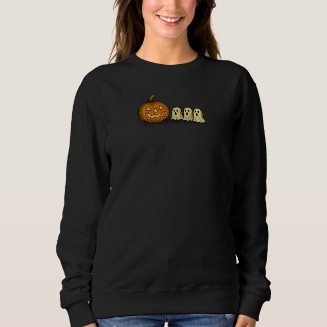 Sudadera Calabaza juguetona con tres fantasmas fantasmales (Anverso)