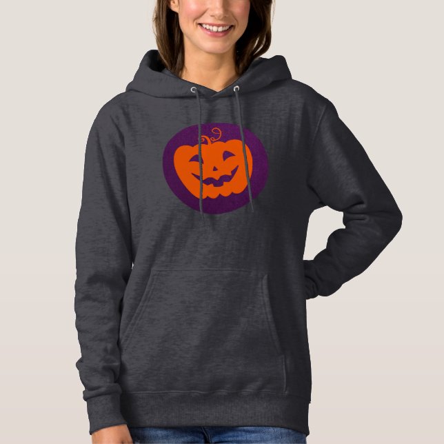 Sudadera Calabaza Naranja de Halloween en fondo morado (Anverso)