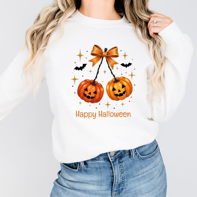 Sudadera Calabazas de Halloween Coquette Naranja estética B (Halloween Pumpkins Orange Bow Coquette Aesthetic Personalized Sweatshirt for her)