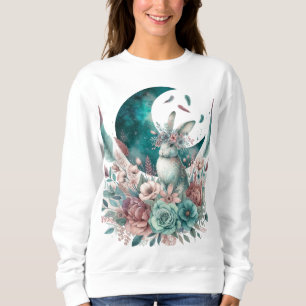Sudadera Camiseta de flores Boho Moon con conejo en azul tu
