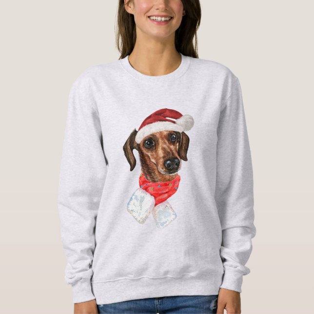Sudadera Camiseta de perro Dachshund con sombrero de Santa  (Anverso)