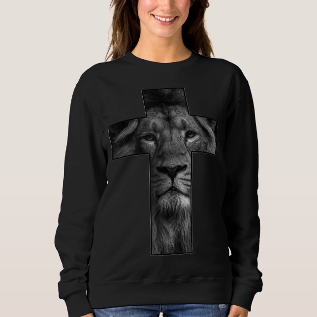Sudadera Camiseta Jesús cruza con cara de león, fe en Dios (Anverso)