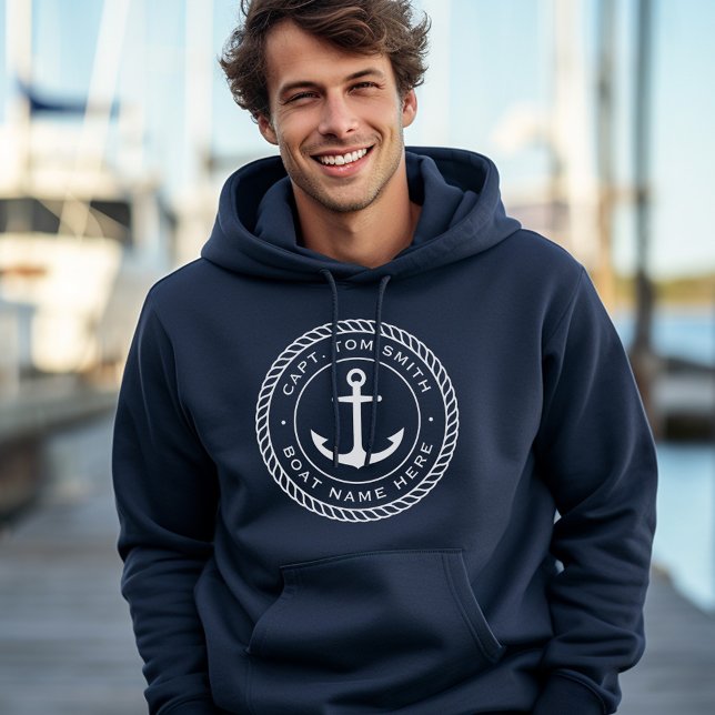 Sudadera capitán del personalizado y borde de la cuerda de  (Custom captain and boat name anchor rope border hoodie)